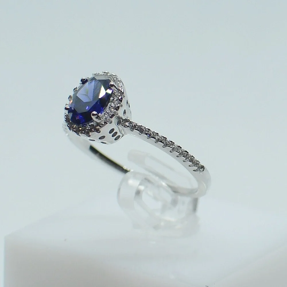 925 Sterling Silver Oval Tanzanite Halo CZ Ring
